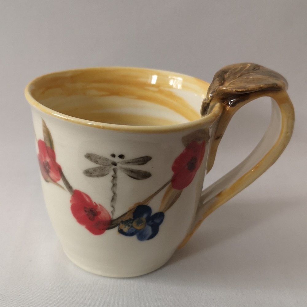 Set of Two Studio Art Pottery Coffee / Tea Mugs, Large Purple & Yellow Dragonfly